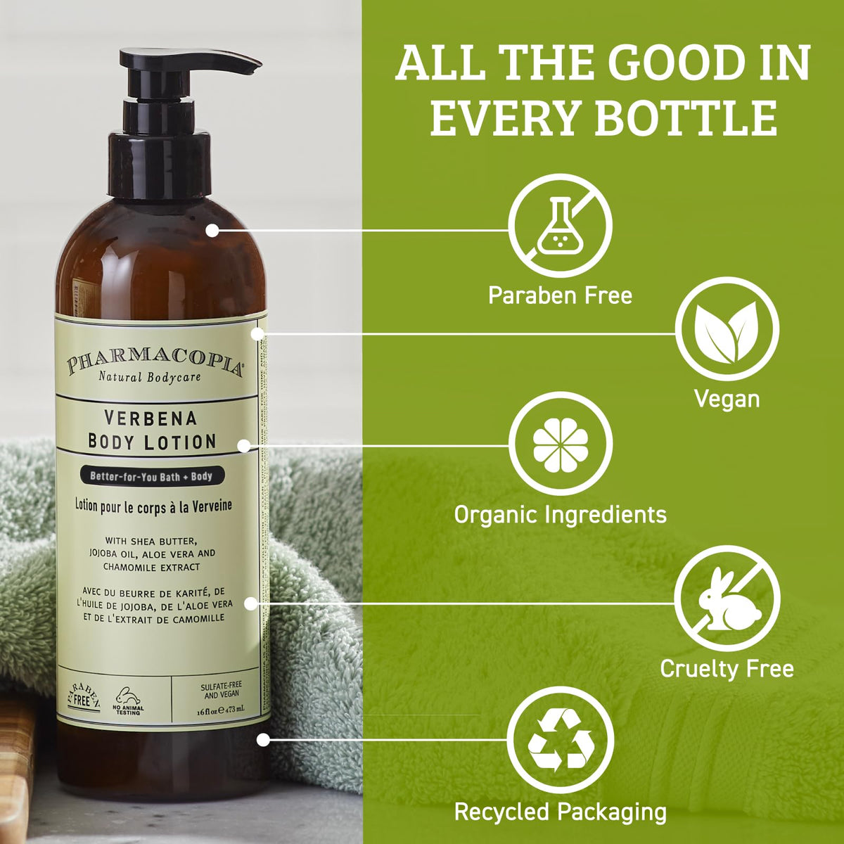 Pharmacopia verbena bottle held in hand showing 16 oz scale and portability benefit