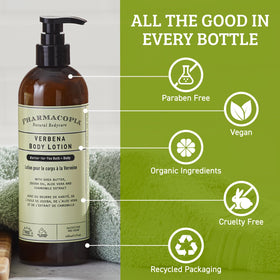 Pharmacopia verbena bottle held in hand showing 16 oz scale and portability benefit