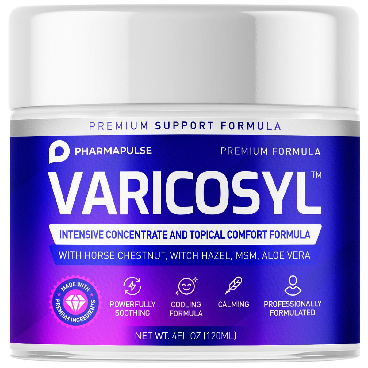 Pharmapulse Varicosyl jar front view showing label and size, highlights cooling relief