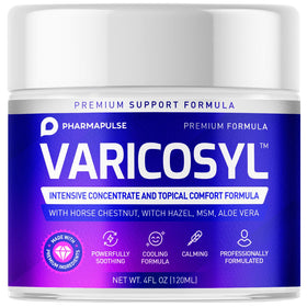 Pharmapulse Varicosyl jar front view showing label and size, highlights cooling relief