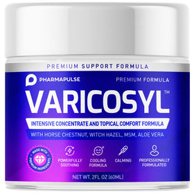 Pharmapulse Varicosyl front jar view showing label and compact design for travel-friendly relief