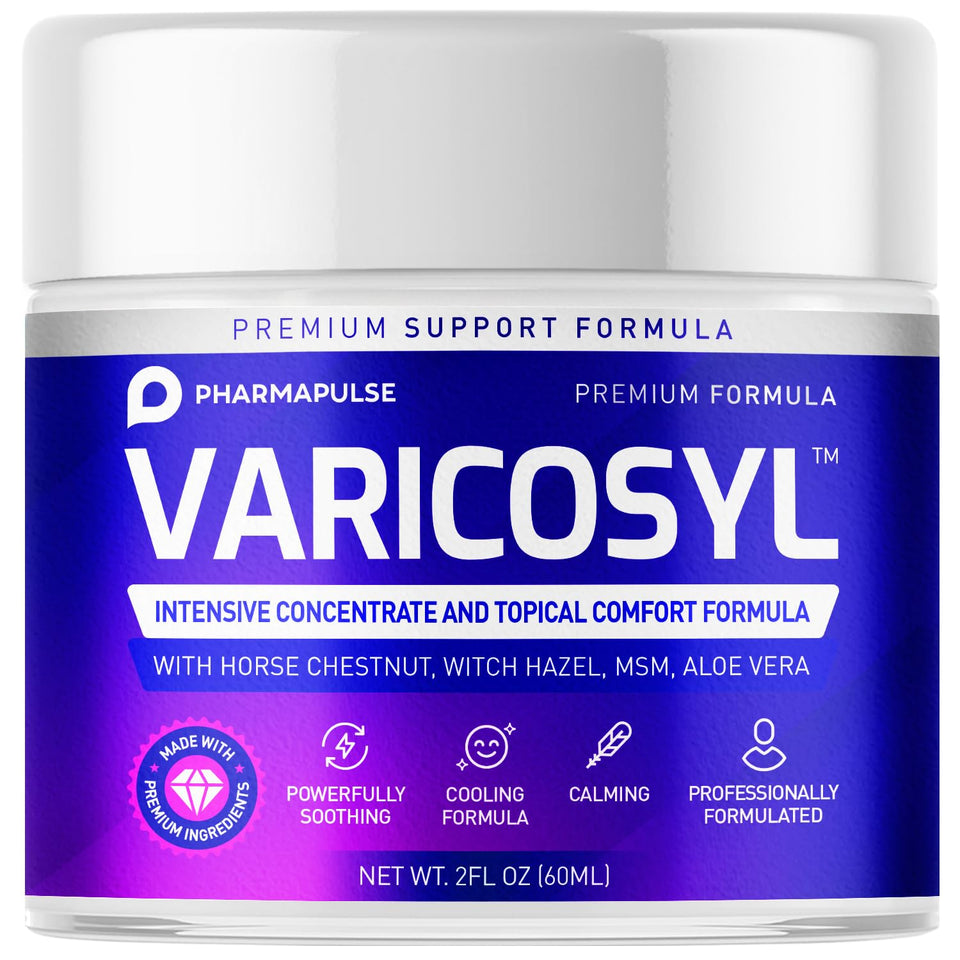 Pharmapulse Varicosyl front jar view showing label and compact design for travel-friendly relief