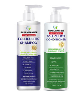 PHARMBANNER front packaging showing the shampoo and conditioner set and benefits