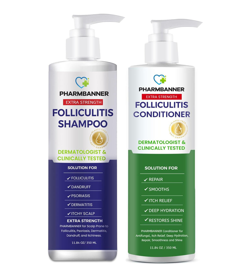 PHARMBANNER front packaging showing the shampoo and conditioner set and benefits