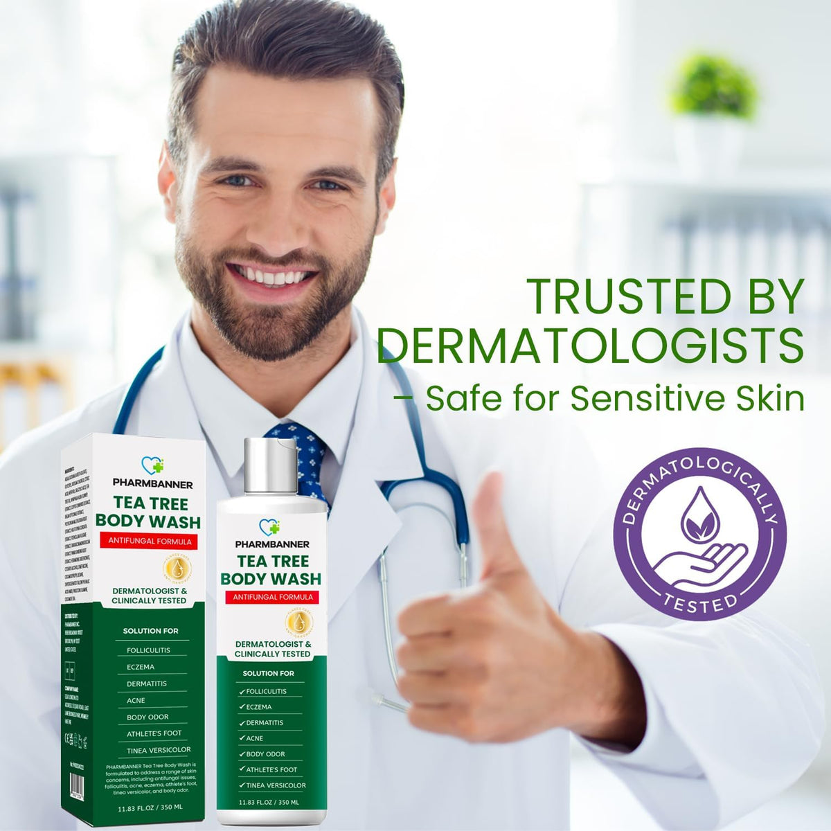 PHARMBANNER tea tree and olive ingredient shot highlighting natural support
