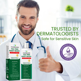 PHARMBANNER tea tree and olive ingredient shot highlighting natural support