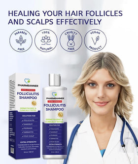 PHARMBANNER shampoo being applied to scalp in hand showing easy targeted use