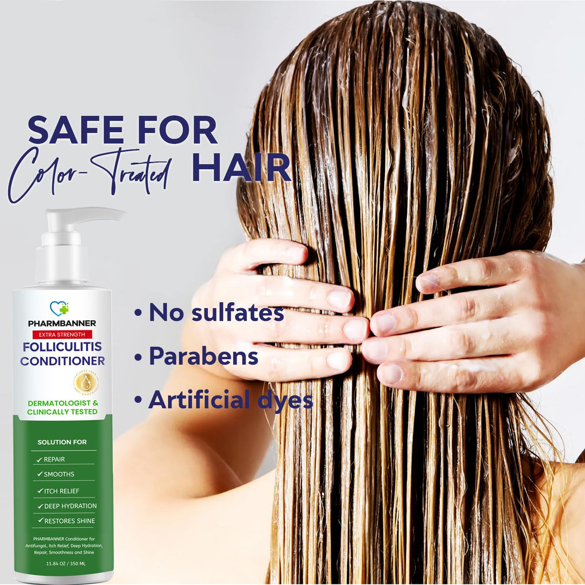 PHARMBANNER tea tree leaves beside bottle showing soothing scalp relief