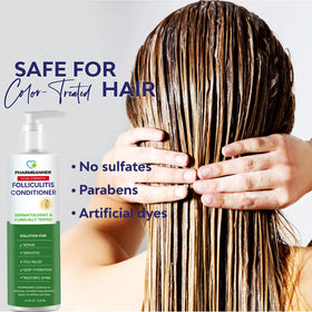 PHARMBANNER tea tree leaves beside bottle showing soothing scalp relief