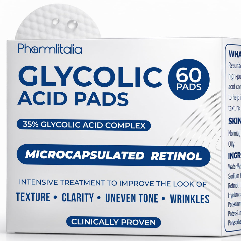 Pharmlitalia front packaging showing 35% glycolic pads and count benefits