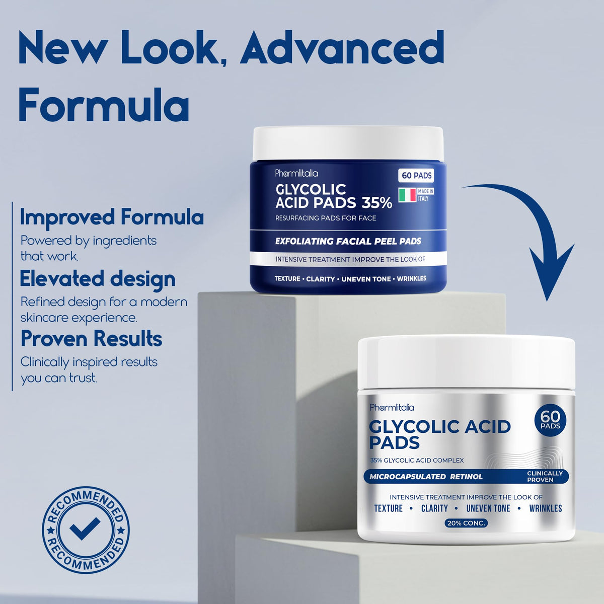 Pharmlitalia pads staged in bathroom emphasizing easy at‑home peel routine