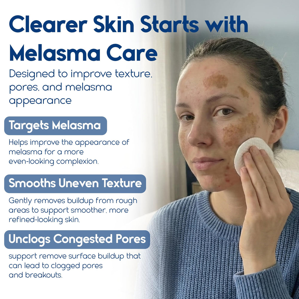 Pharmlitalia pad applied to cheek demonstrating targeted exfoliation benefit
