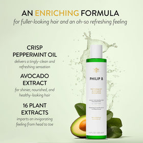 PHILIP B close label detail highlighting peppermint and avocado ingredients benefit