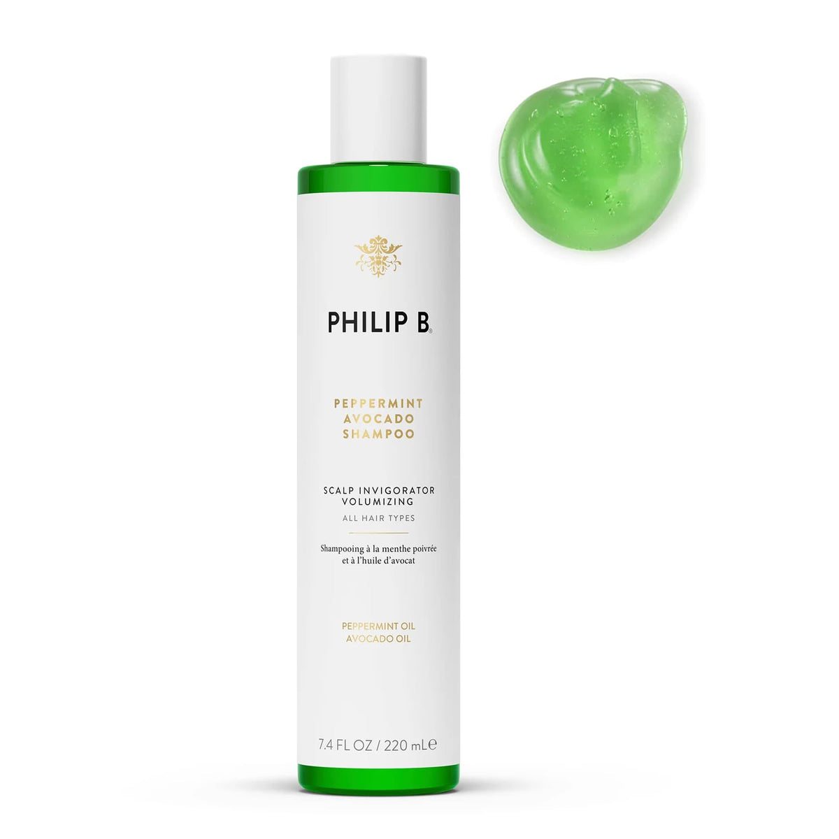 PHILIP B front bottle view showing label and benefit of invigorating scalp