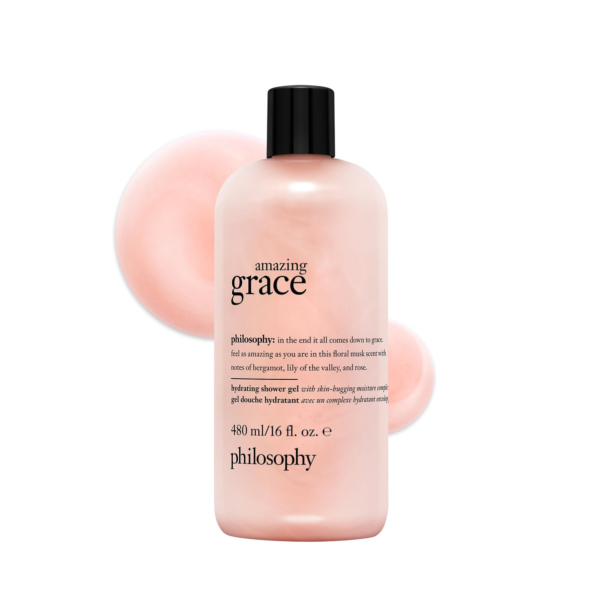 philosophy amazing grace front bottle showing label and 16 fl oz size benefits