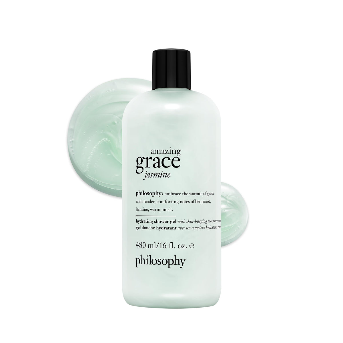 philosophy front packaging shows 16 fl oz bottle and elegant jasmine benefit