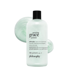 philosophy front packaging shows 16 fl oz bottle and elegant jasmine benefit