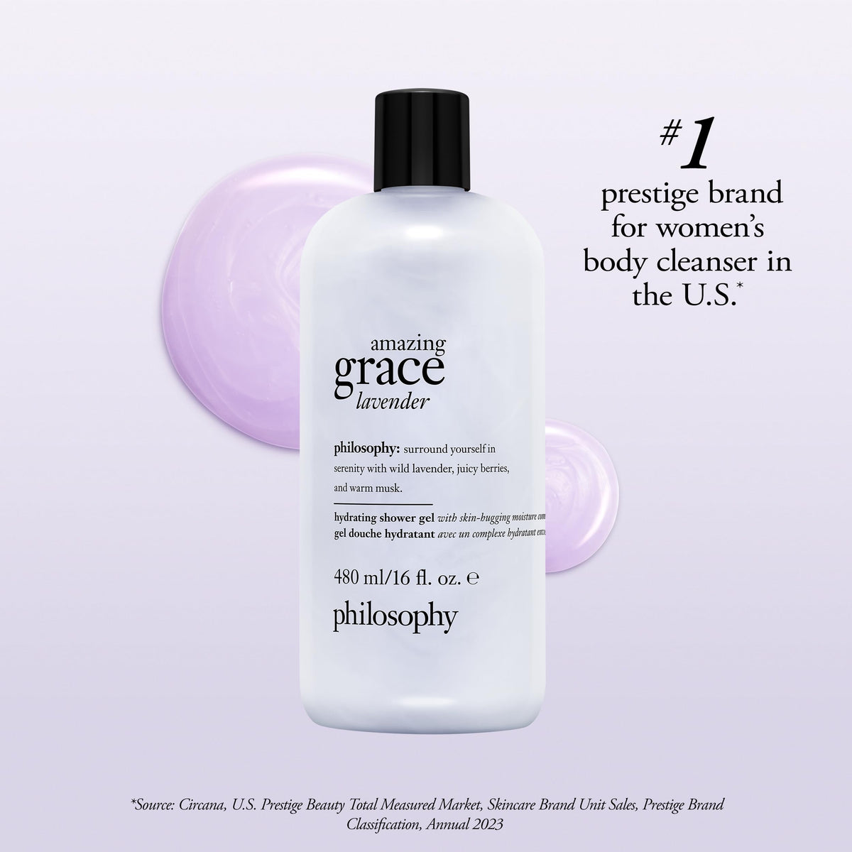 philosophy amazing grace lavender bathroom lifestyle scene conveying a calming self-care routine