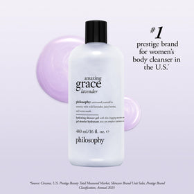 philosophy amazing grace lavender bathroom lifestyle scene conveying a calming self-care routine