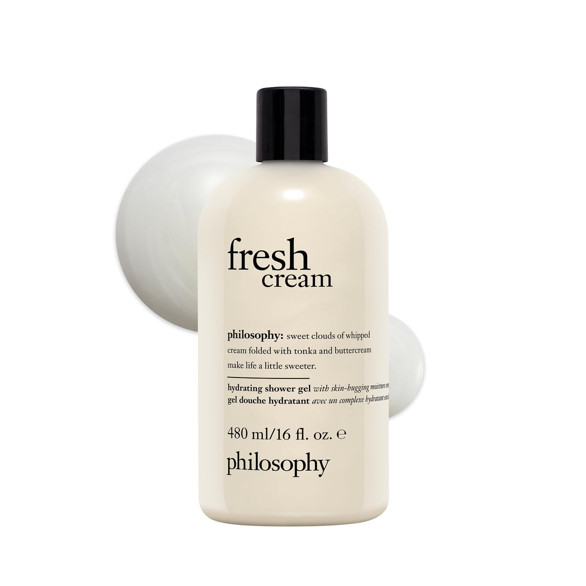 philosophy front bottle view showing label and volume, highlights brand and comforting scent