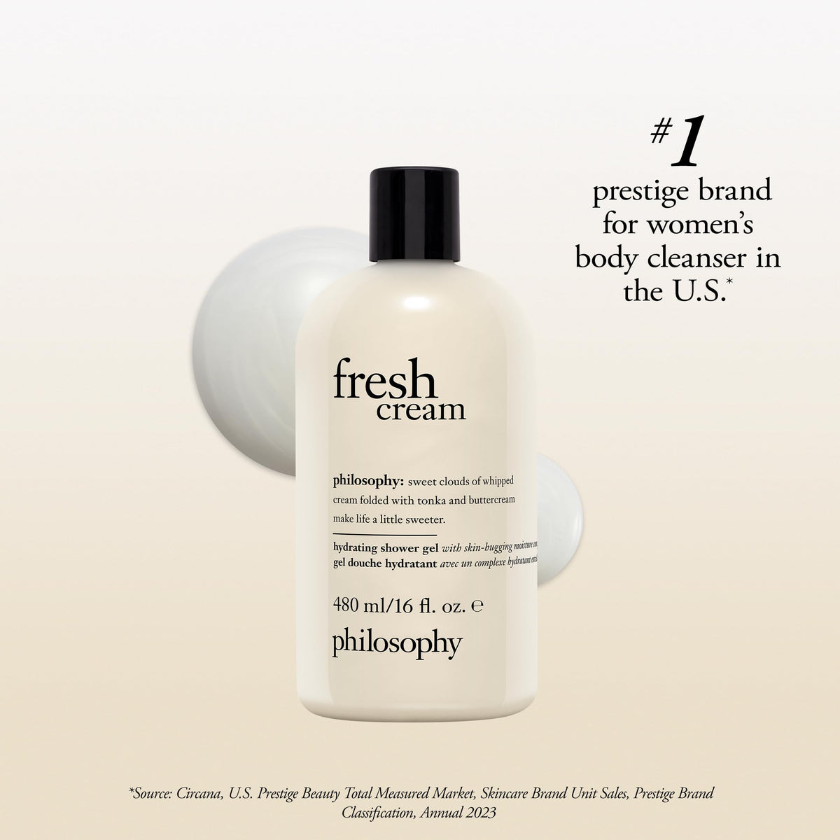 philosophy bottle in hand for scale showing 16 fl oz size and travel-friendly benefit