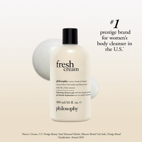philosophy bottle in hand for scale showing 16 fl oz size and travel-friendly benefit