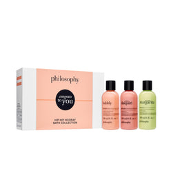 philosophy front-packaging trio showing three scented shower gels for gifting