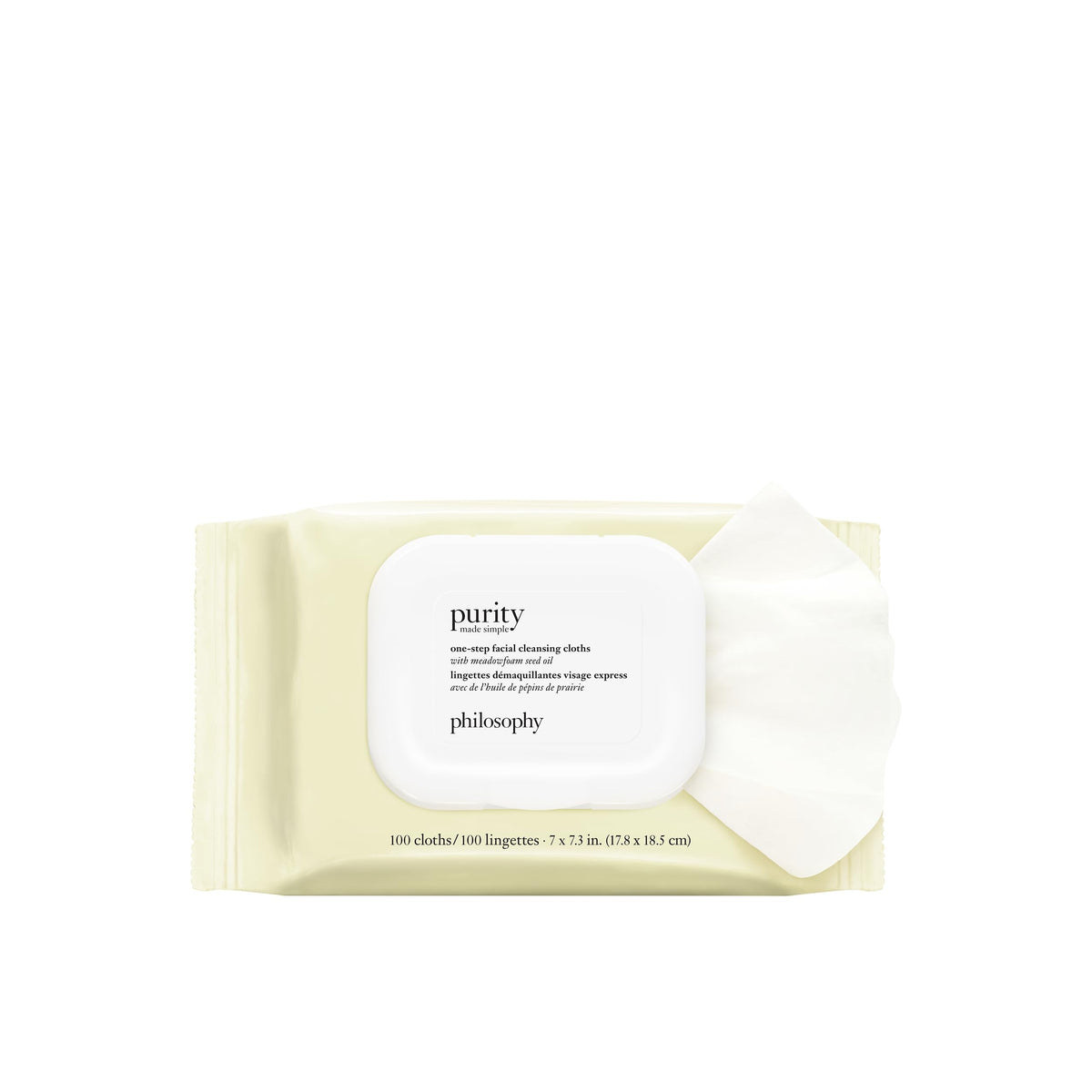 philosophy front packaging showing 100-count wipes and resealable lid for freshness