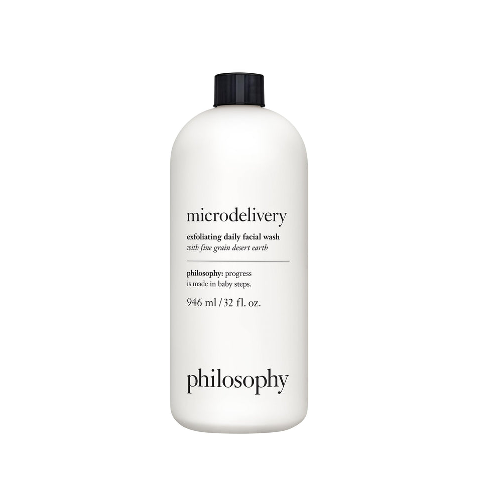 philosophy refill bottle front view shows label and product benefits for easy refill