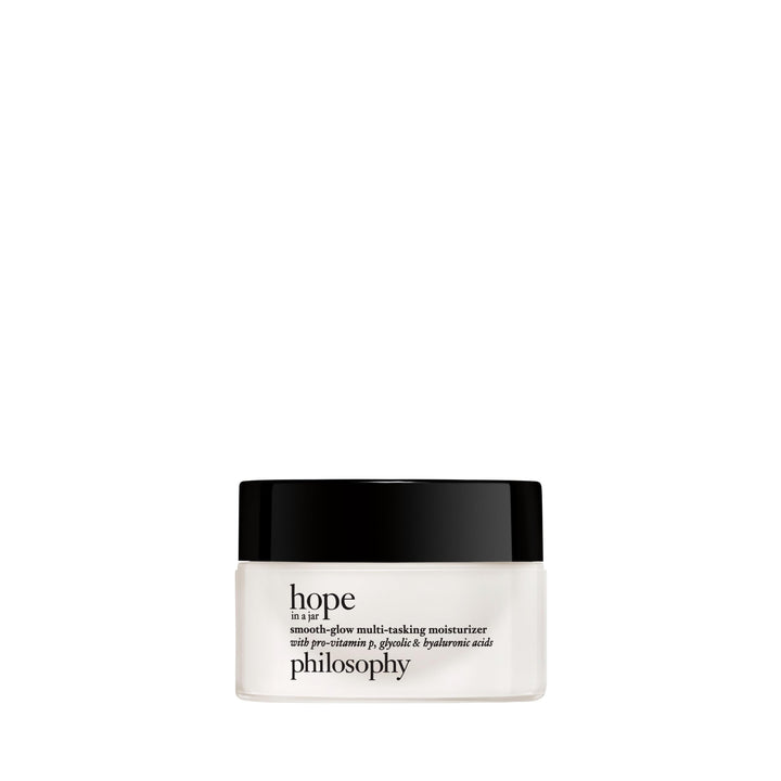 philosophy jar front view showing compact travel-friendly moisturizer and glow benefit