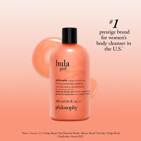philosophy bottle in bathroom lifestyle setting conveying soothing island-scented routine