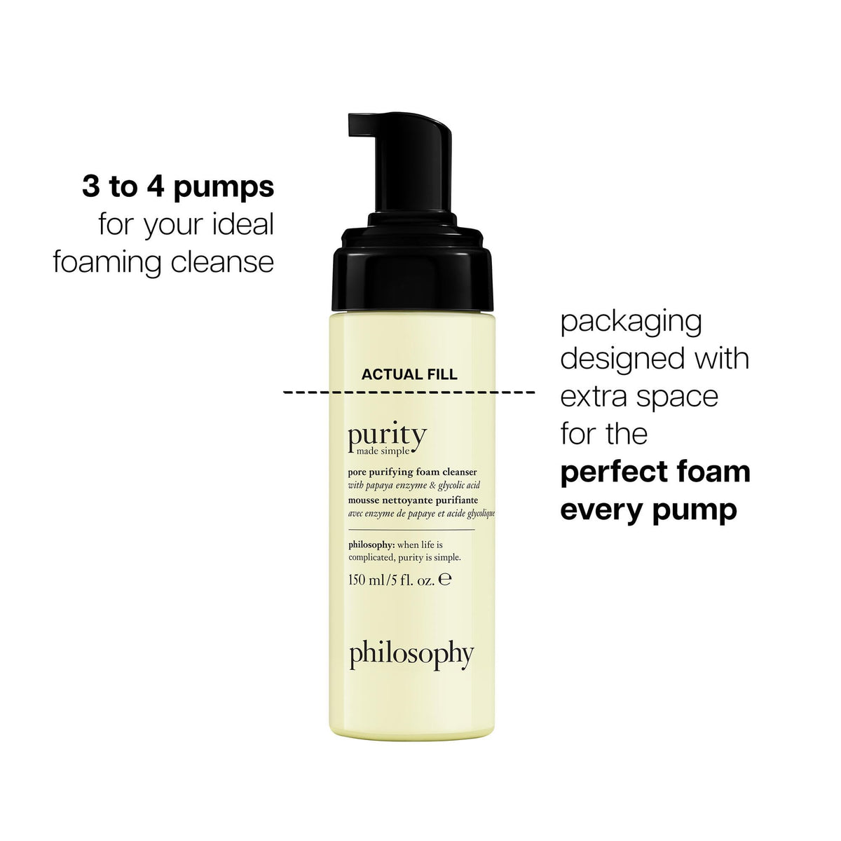 philosophy packaging showing pump and label noting optimal foaming and performance benefit