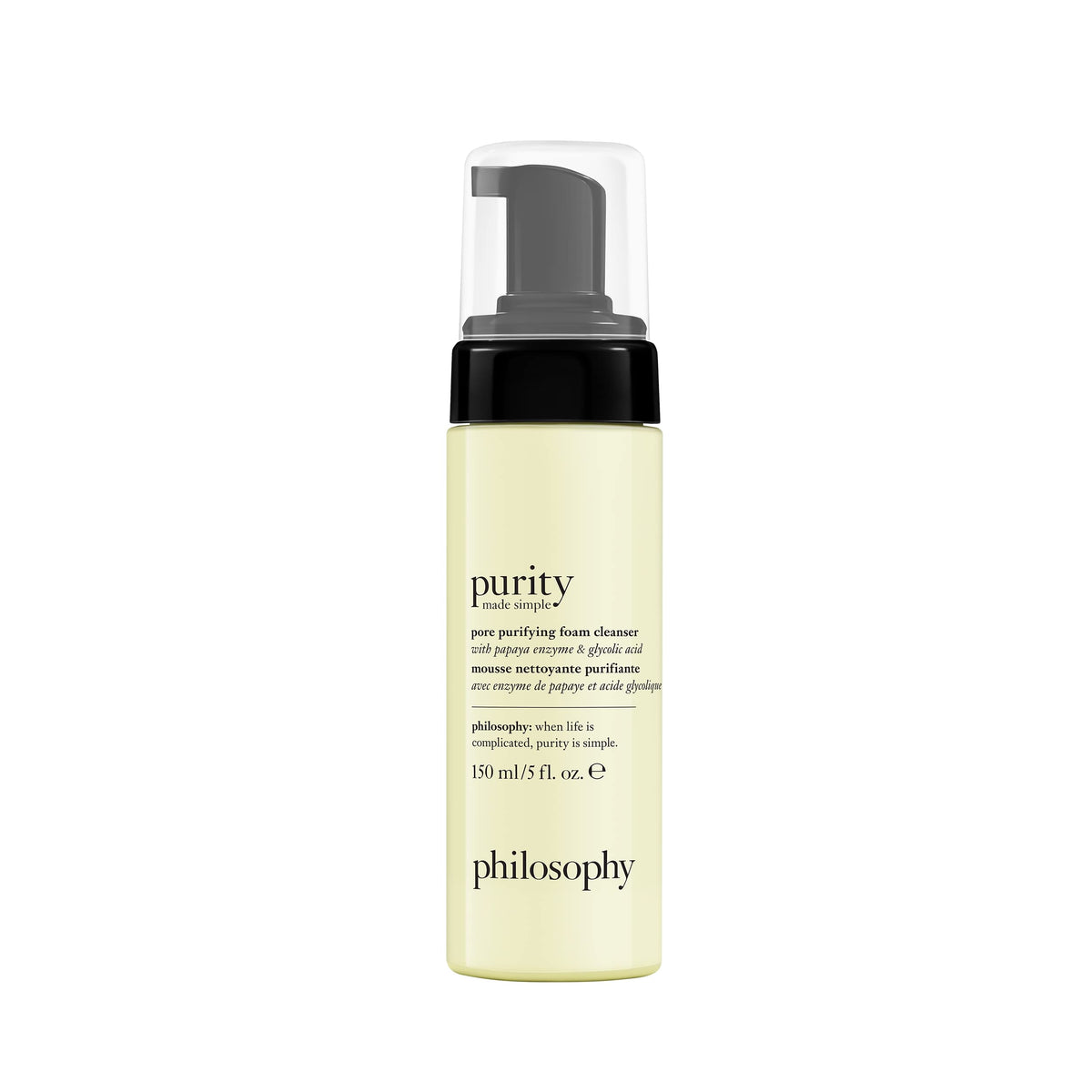 philosophy purity made simple front bottle showing label and pump benefit of foaming cleanser