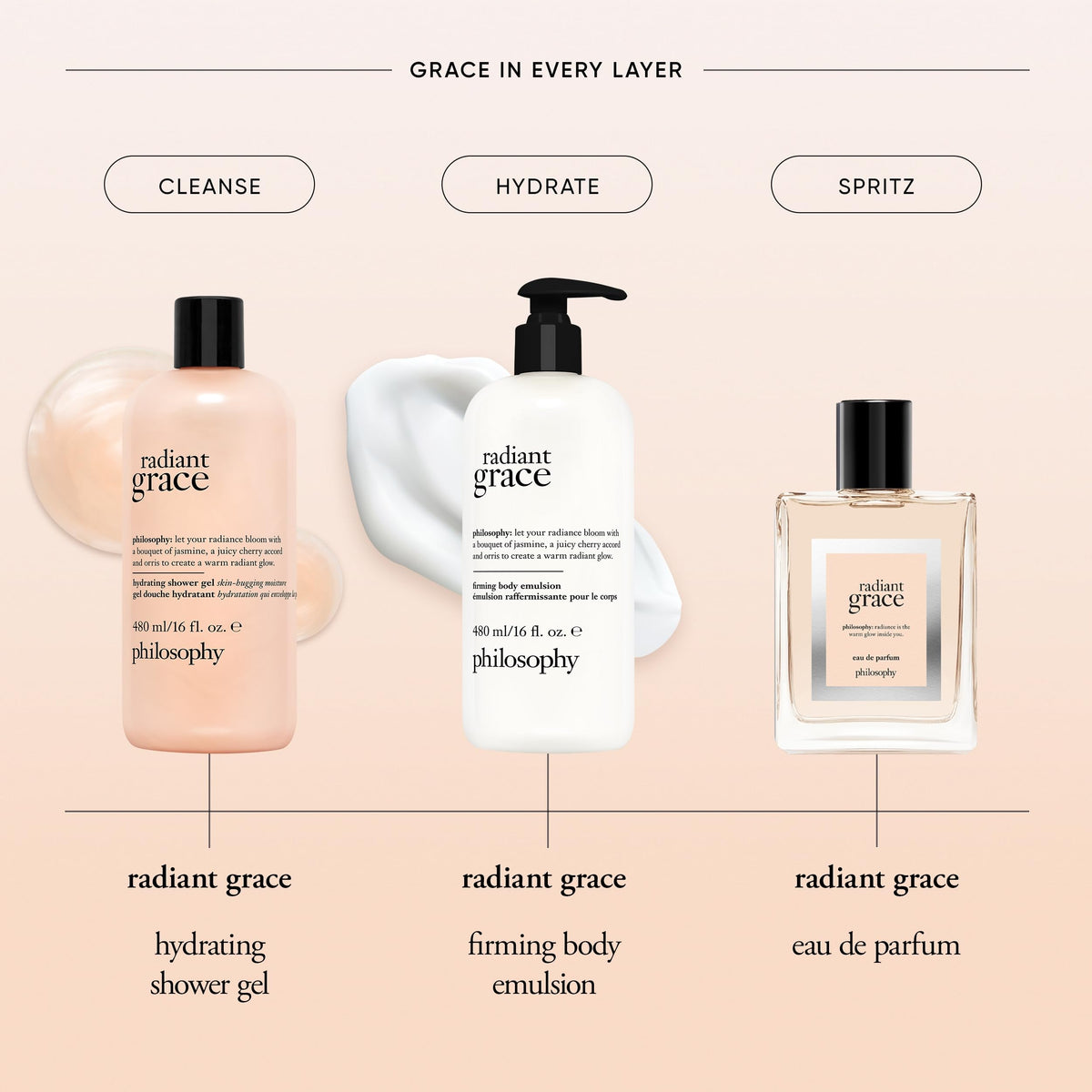 philosophy on bathroom shelf styled for a calm, spa-like routine