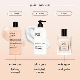 philosophy on bathroom shelf styled for a calm, spa-like routine