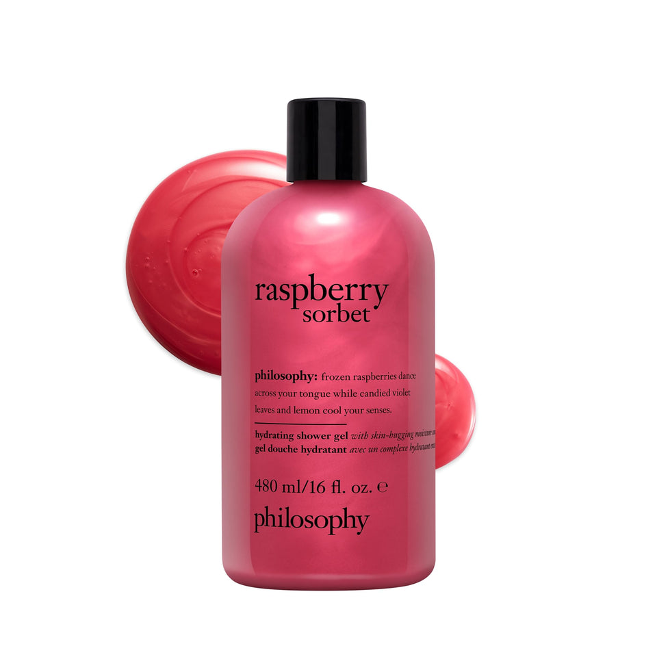 philosophy bottle front view showing label and vibrant raspberry scent