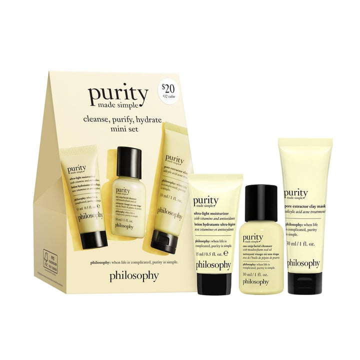 philosophy front packaging showing three-piece kit for simple travel-friendly routine