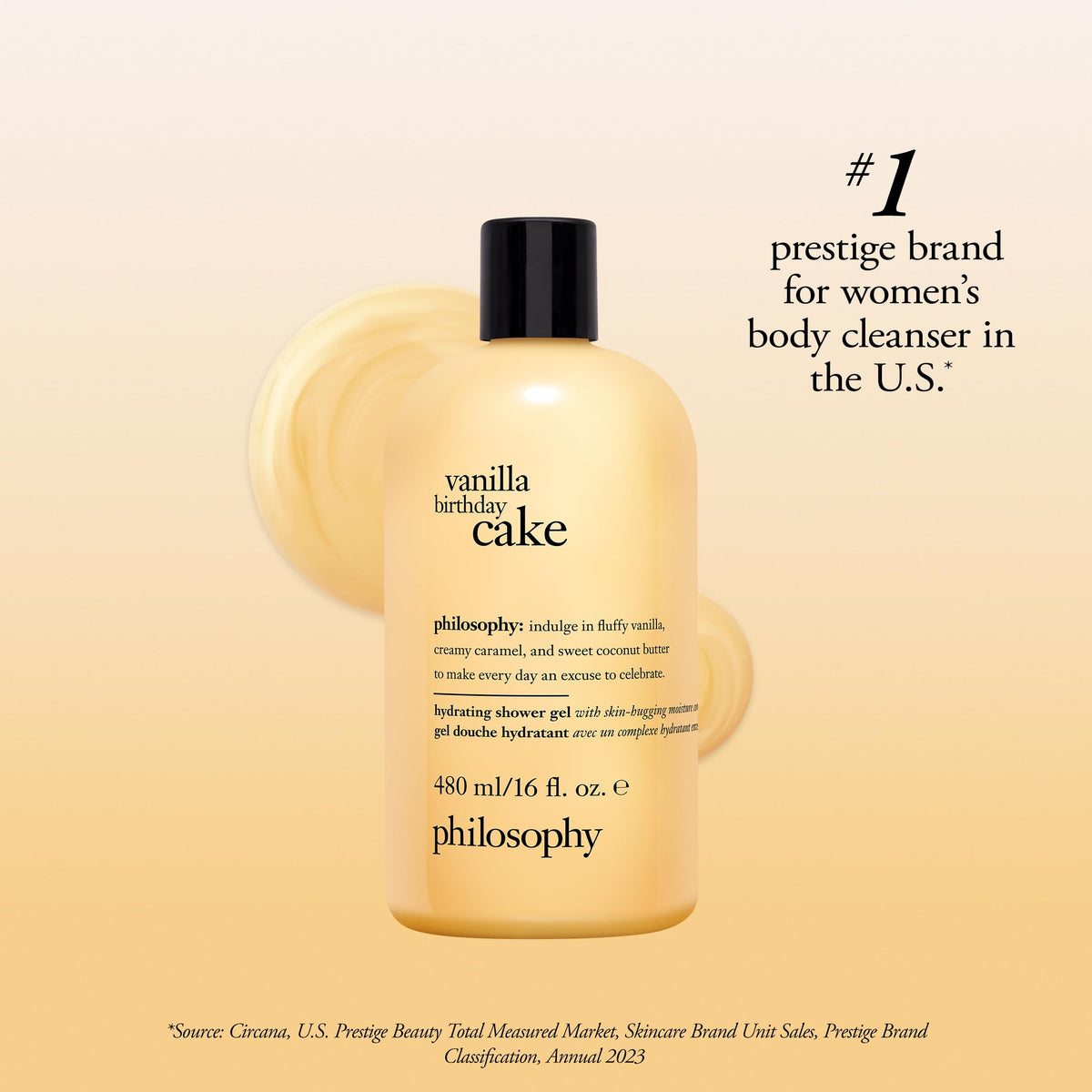philosophy bottle next to common items showing scale and generous 16 fl oz volume