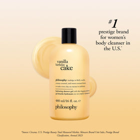 philosophy bottle next to common items showing scale and generous 16 fl oz volume