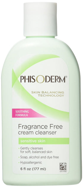 Phisoderm front packaging shows 6 oz fragrance-free cleanser for gentle cleansing