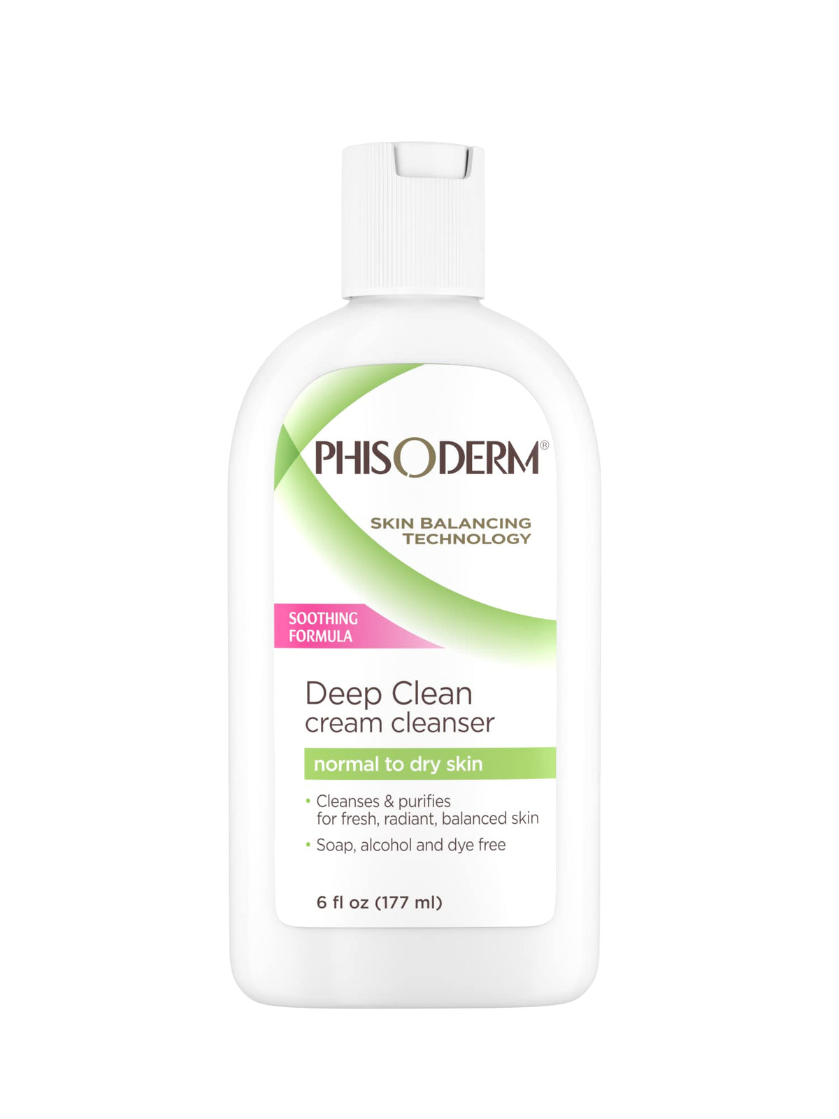 Phisoderm front packaging shows bottle, clear benefits and generous size