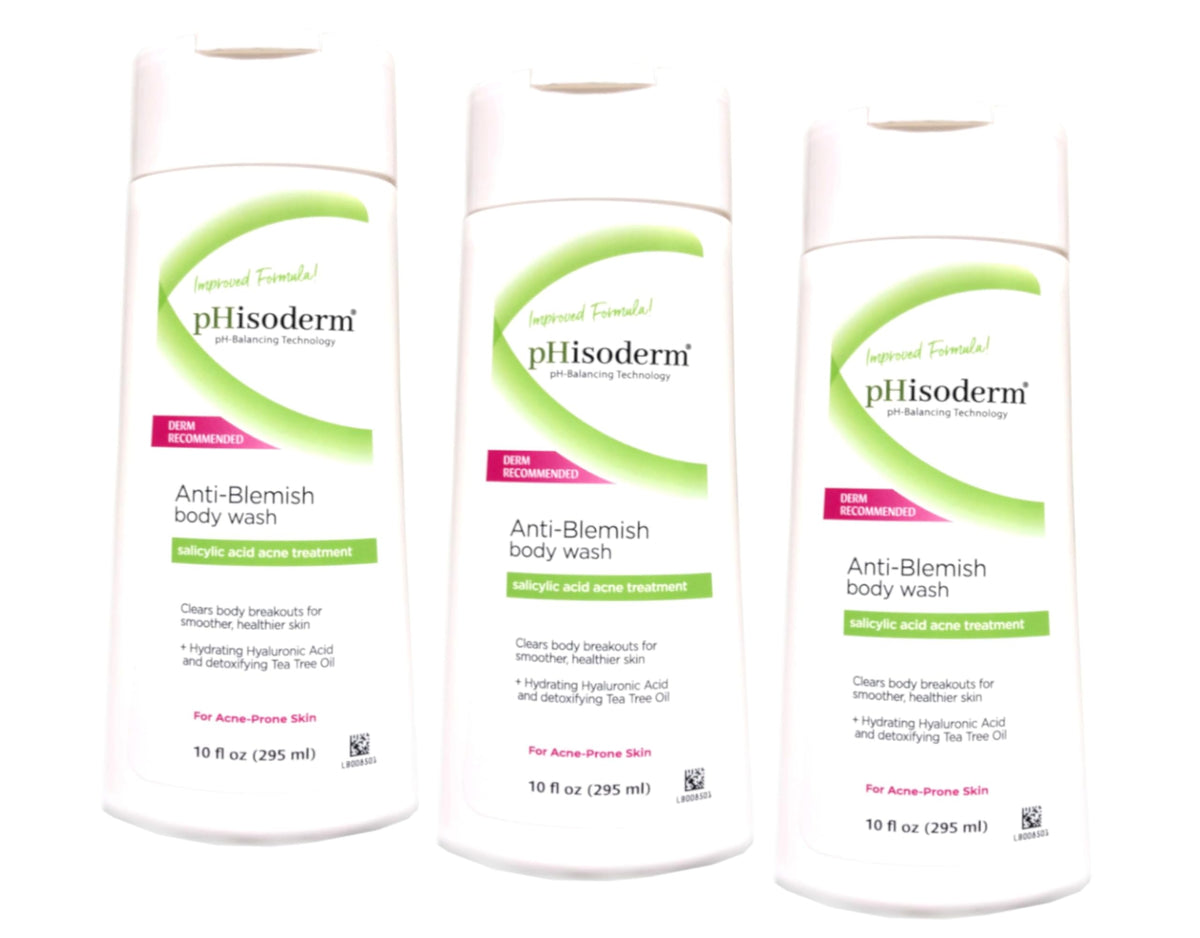 pHisoderm front packaging showing three 10 oz bottles for consistent treatment