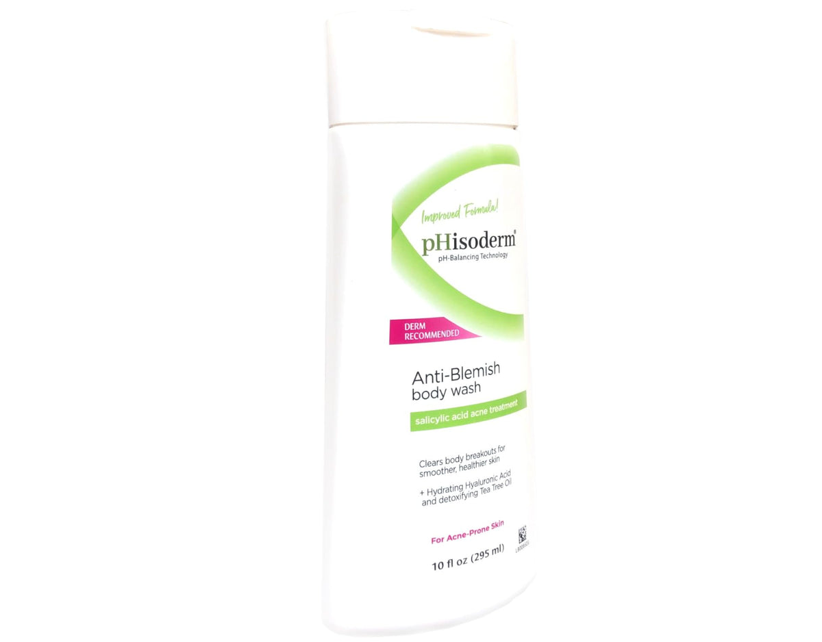 pHisoderm bottle next to a ruler showing 10 oz size and travel ease
