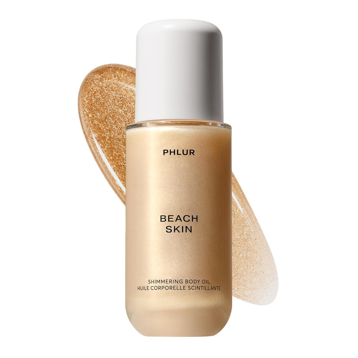 PHLUR bottle front view showing beach-scented oil and elegant packaging benefit