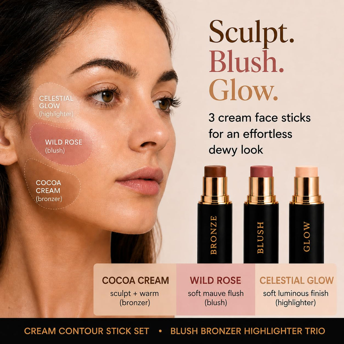Phoenix Beauty twist-up stick end detail highlights mess-free application benefit