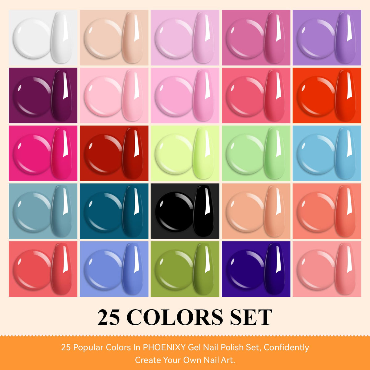 phoenixy color array flatlay displaying 25 shades for versatile styling options