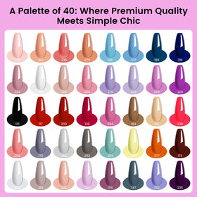 phoenixy color swatch array of 40 gel polish shades, wide creative variety