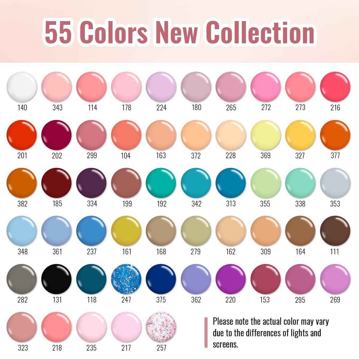 phoenixy color swatch array of 55 nude shades offering easy shade selection