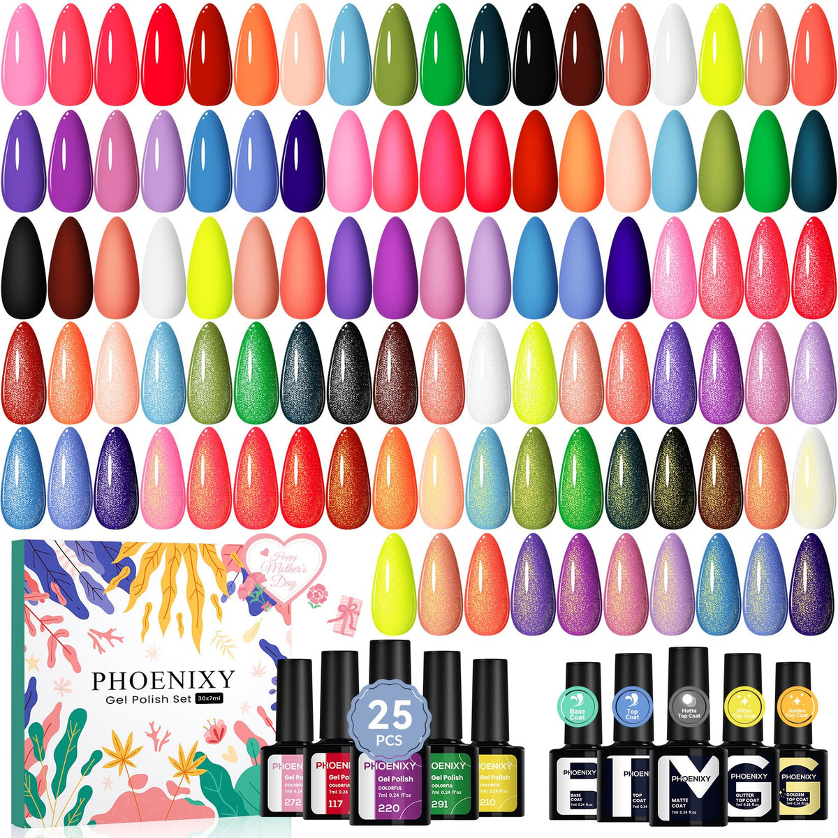 phoenixy front package showing 30-piece dark gel polish set and range