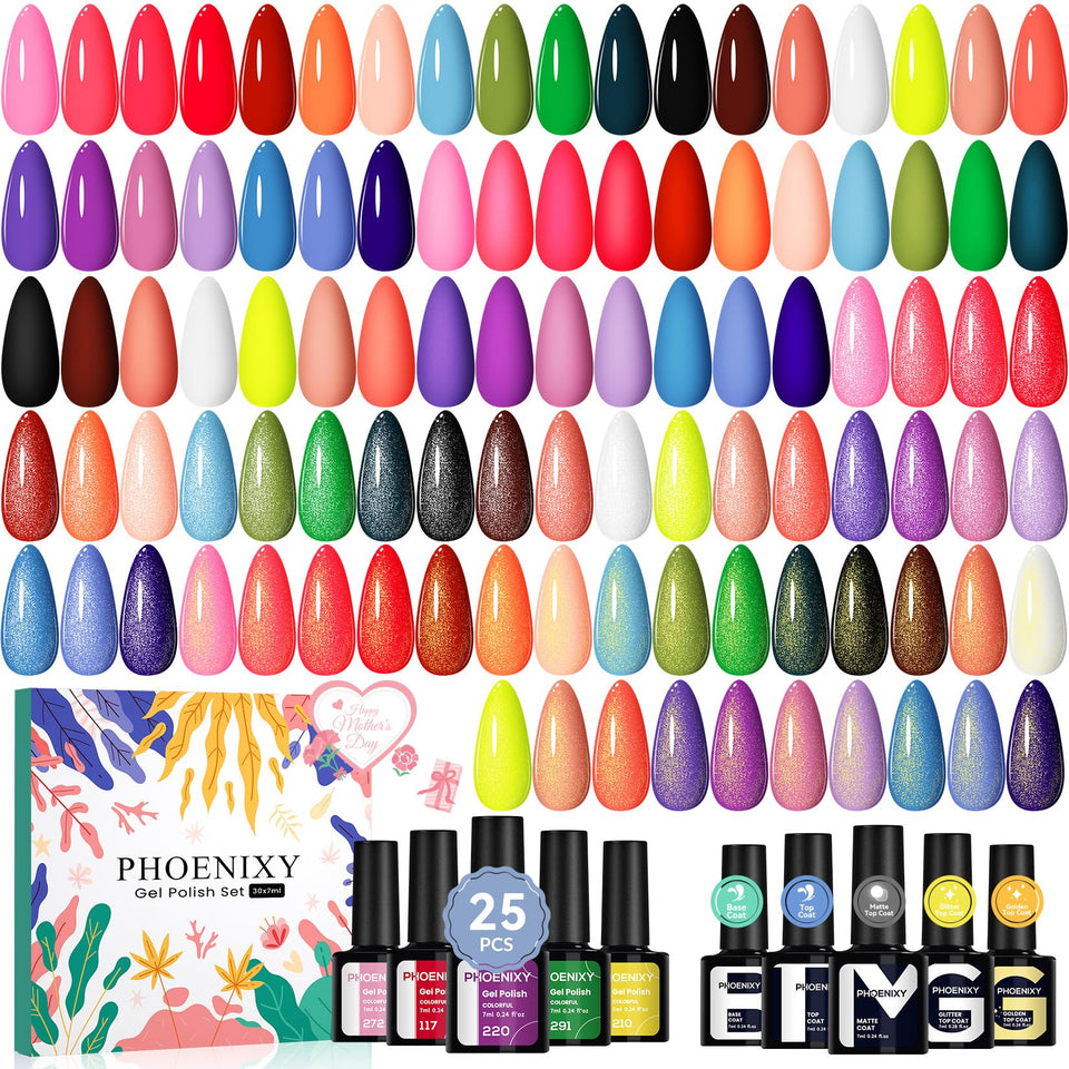phoenixy front package showing 30-piece dark gel polish set and range
